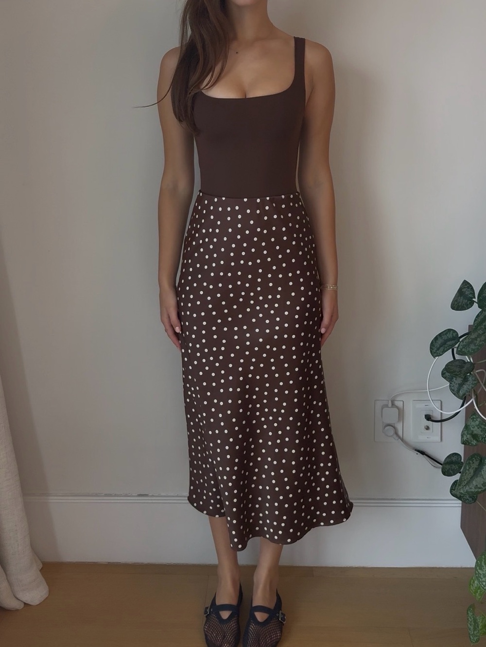 Brown Midi Skirt with White Polka Dots